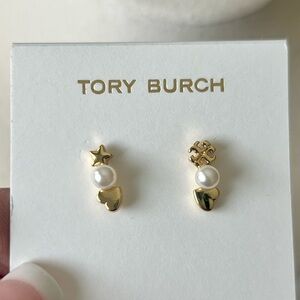 Tory Burch Pearl and Gold Heart and Star Stud Earrings